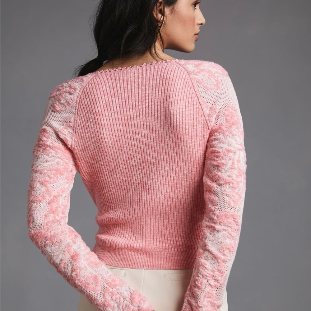 Anthropologie XS pink faux-wrap sweater with mesh embroidered sleeves - Picture 2 of 11